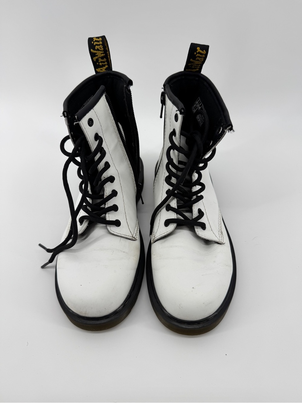 Dr. Martens White Leather Lace-Up Combat Boots with Black Trim-KID